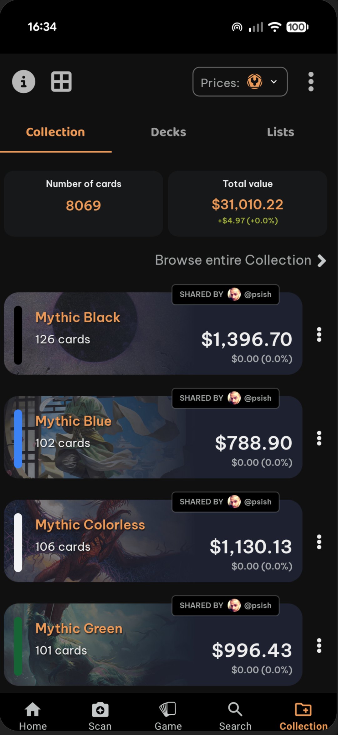 Collection overview with boxes and total value