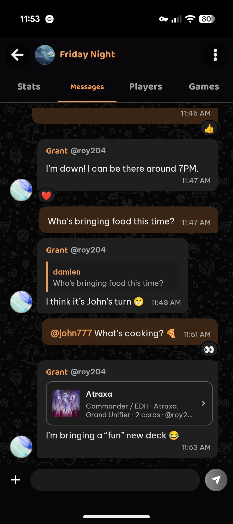 Playgroup chat with replies, a mention, reactions and a shared deck